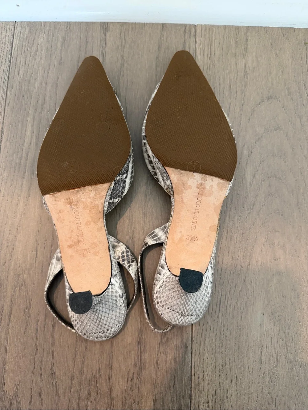 Manolo Blahnik Beige Snakeskin Crystal Buckle Slingback Pumps